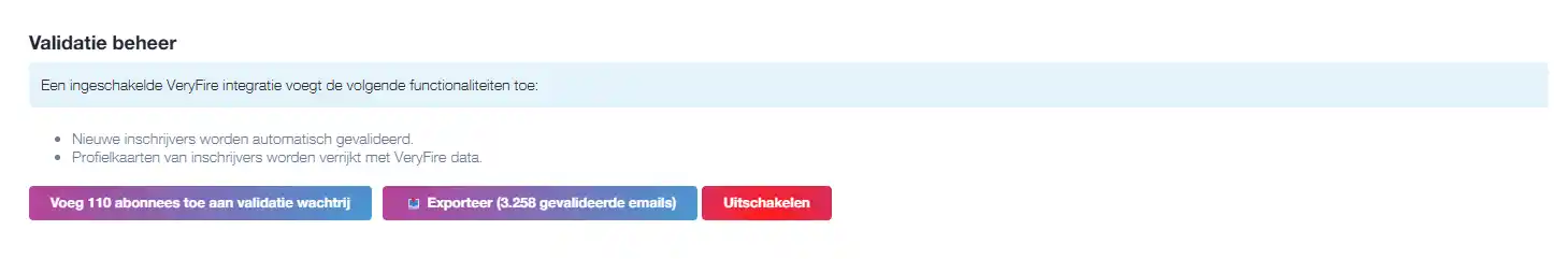 Validatie beheer met knop om abonnees toe te voegen aan wachtrij