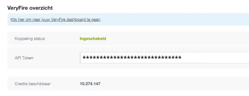 VeryFire overzicht met ingeschakelde koppeling en beschikbare credits