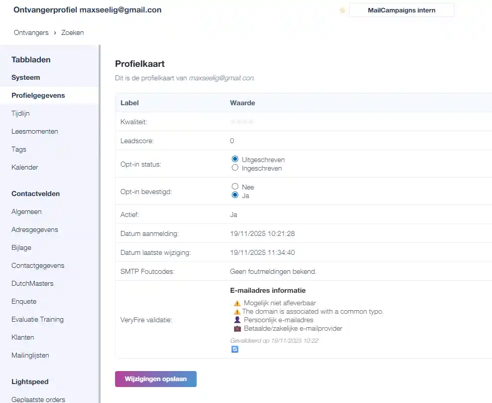 Ontvangerprofiel in MailCampaigns met VeryFire validatieresultaten