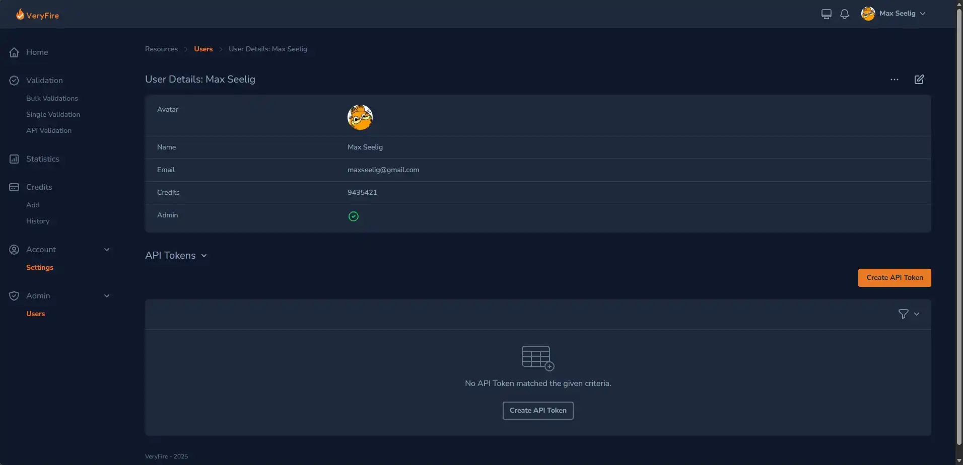 VeryFire account settings met Create API Token
